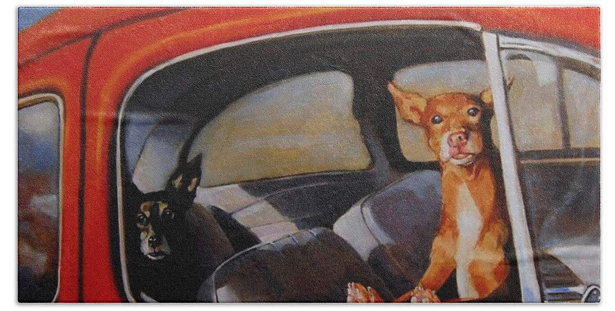 Dogs Bath Towel featuring the painting If We're Such Good Boys Why Did You Leave Us In The Car by Jean Cormier