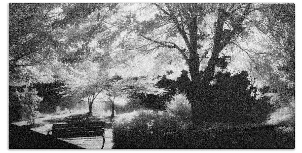 Infrared Black And White Hand Towel featuring the photograph Summer at Quiet Waters No.7 - Infrared Black and White Film Photograph by Steve Ember