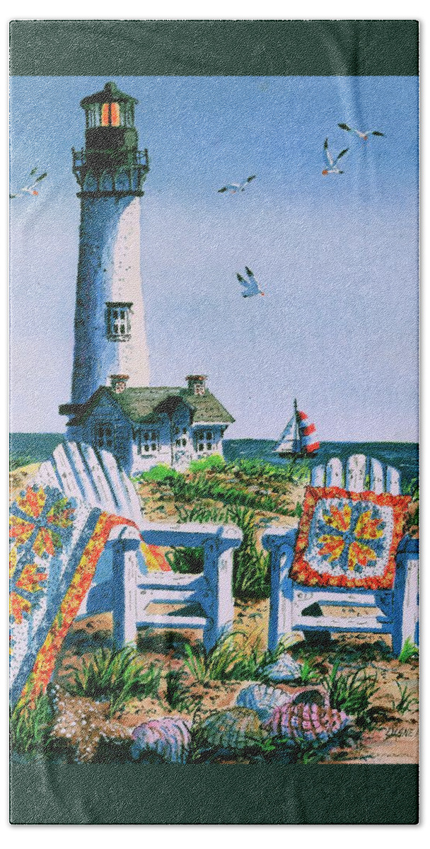 Lighthouse Bath Towel featuring the painting Summer at the Shore by Diane Phalen