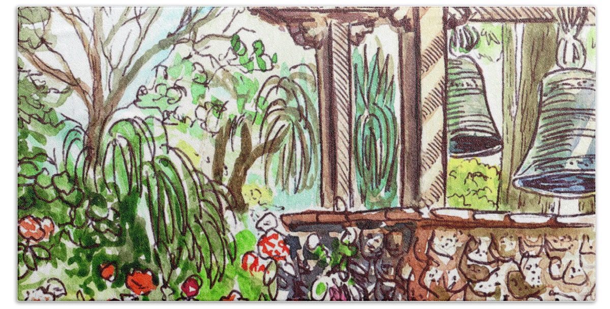 Garden Bath Towel featuring the painting Summer Garden With Gazebo And Bells Watercolor by Irina Sztukowski