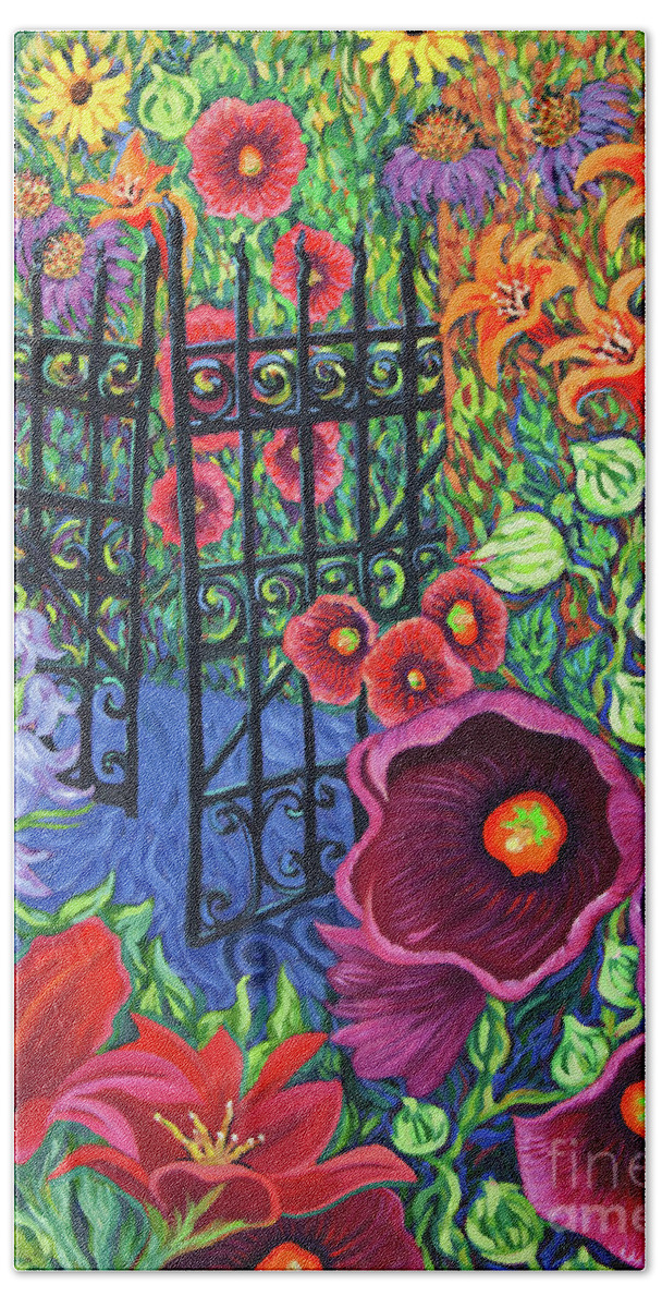 Southwest Flowers Bath Towel featuring the painting Summer Gate by Cathy Carey