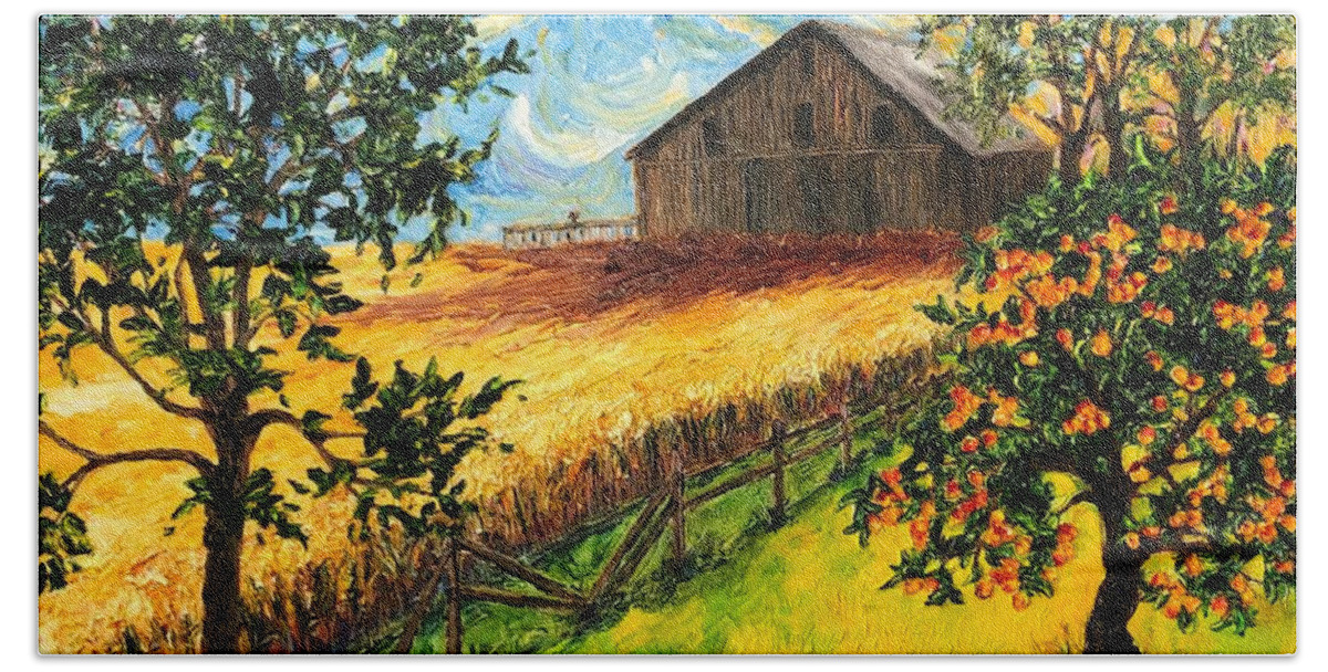 Barn Bath Towel featuring the painting Summer Harvest Barn by Paris Wyatt Llanso