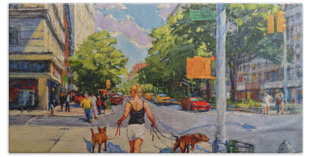 New York Paintings Bath Towel featuring the painting Summer Morning, Upper Broadway by Peter Salwen