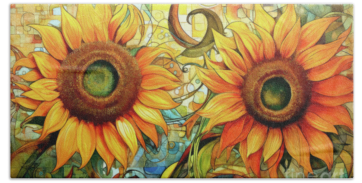 Sunflowers Bath Towel featuring the painting Summer Sunflowers by Tina LeCour