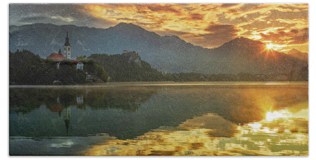 Bled Hand Towel featuring the photograph Summer Sunrise at Lake Bled by Ian Middleton