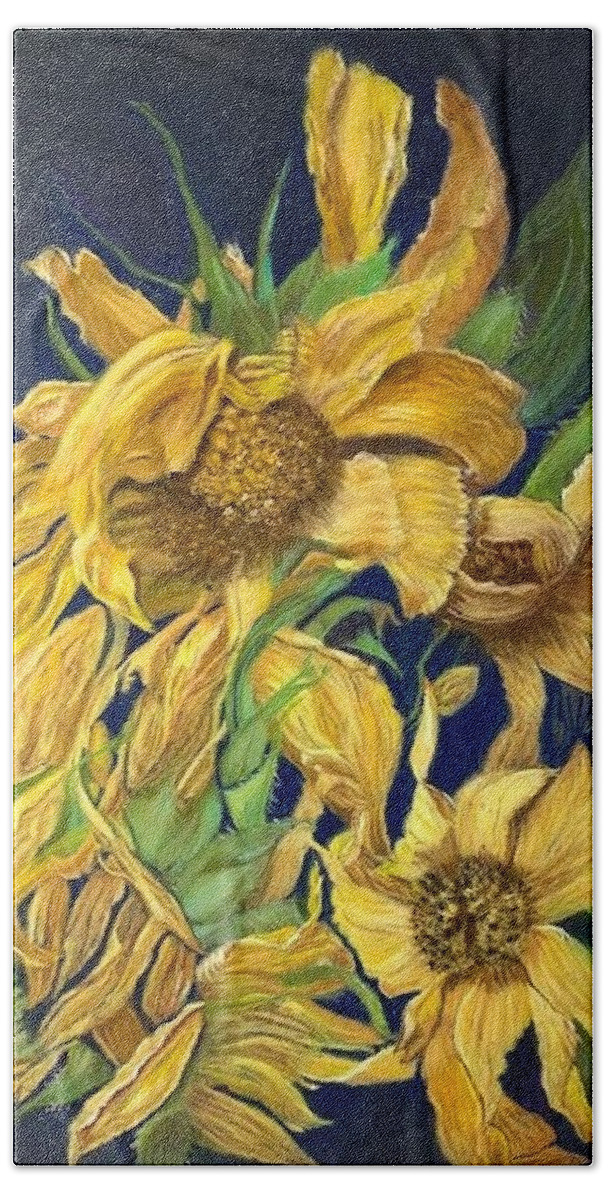 Dried Sunflowers Hand Towel featuring the pastel Summers End by Juliette Becker