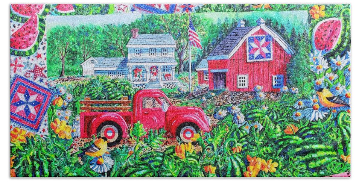 Red Truck Bath Towel featuring the painting Summertime by Diane Phalen