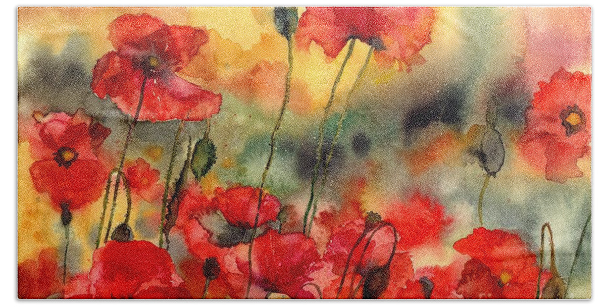 Poppy Hand Towel featuring the painting Sun Kissed Poppies by Suzann Sines