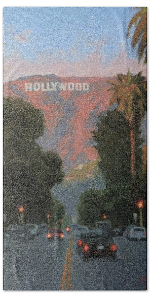 Hollywood Sign Bath Towel featuring the painting Sun on the Hollywood Sign by Sharon Weaver