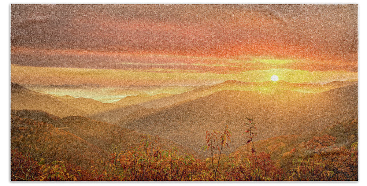 Maggie Valley Hand Towel featuring the photograph Sun Peeking Over The Mountains by Jordan Hill