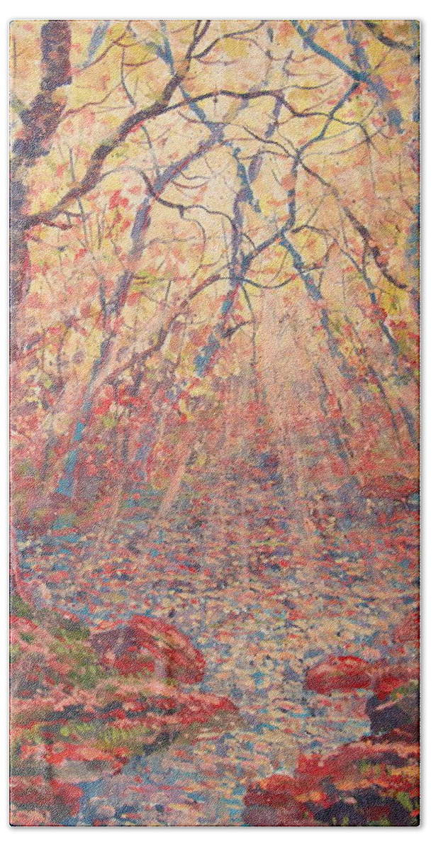 Painting Bath Towel featuring the painting Sun Rays Through The Trees. by Leonard Holland
