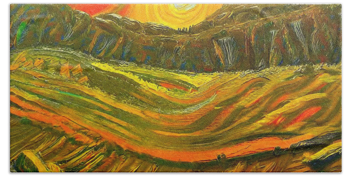Landscape Hand Towel featuring the painting Sun shining on rocky landscape Painting landscape sunlight sunshine mountain range plains abstract art artist artistic artwork autumn background brush canvas color colorful creative drawing fence by N Akkash