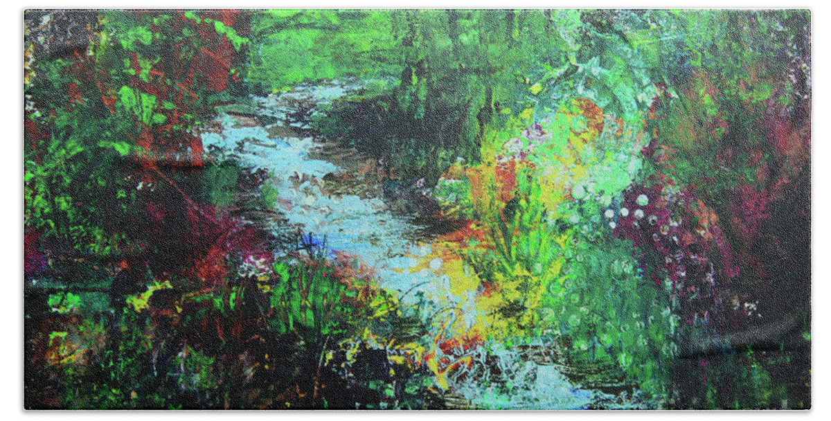 Landscape Hand Towel featuring the painting Sun Splash Stream by Jeanette French