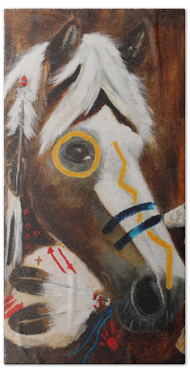 War Horse Hand Towel featuring the painting Sun Wind Spirit War Pony by Barbie Batson