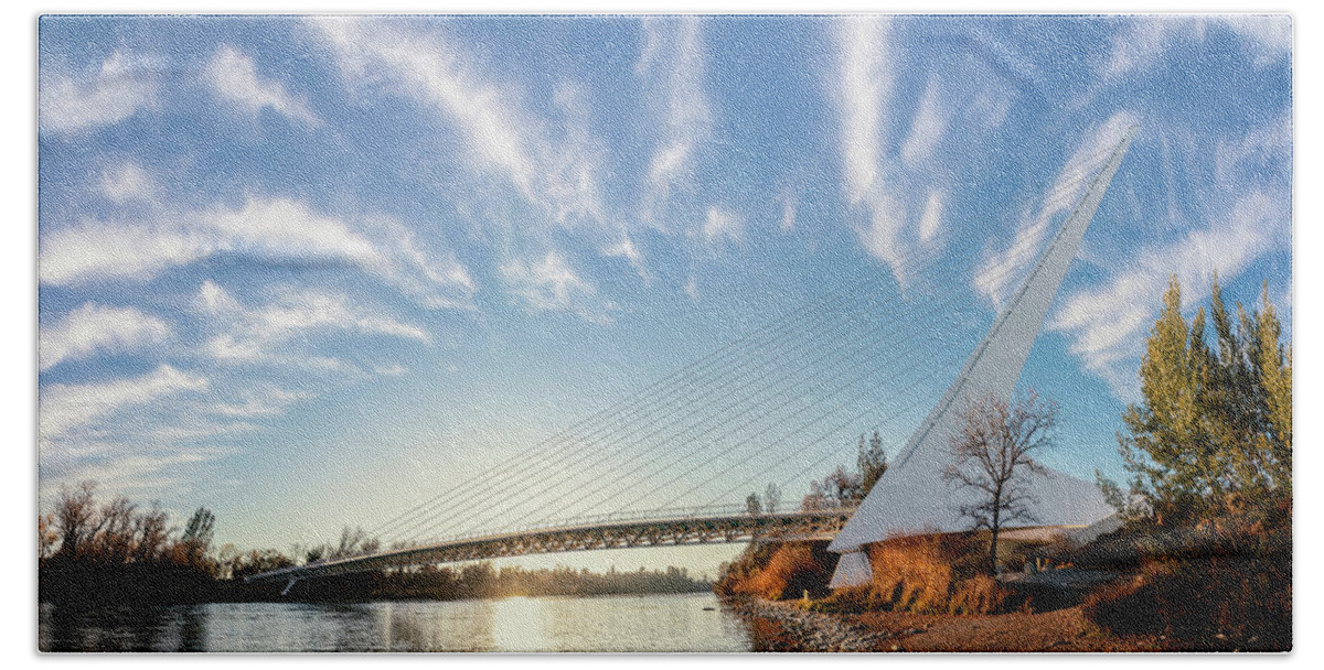 Sundial Bridge Hand Towel featuring the photograph Sundial Bridge at Sunset by Gary Geddes