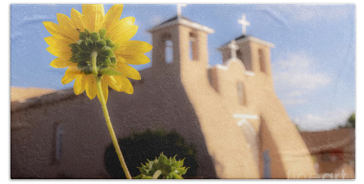 Taos Bath Towel featuring the photograph Sunflower and the St Francis de Asis Church by Elijah Rael