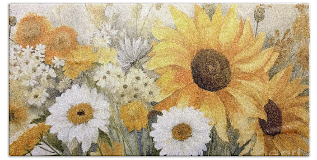 Sunflower Bath Towel featuring the painting Sunflower Botanicals by Tina LeCour
