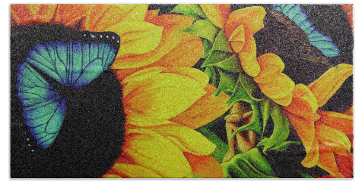 Kim Mcclinton Bath Towel featuring the painting Blue Morpho Sunflower Dream by Kim McClinton