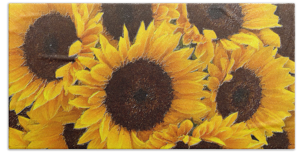 Daisy Bath Towel featuring the painting Sunflower Group Bouquet by Tony Rubino