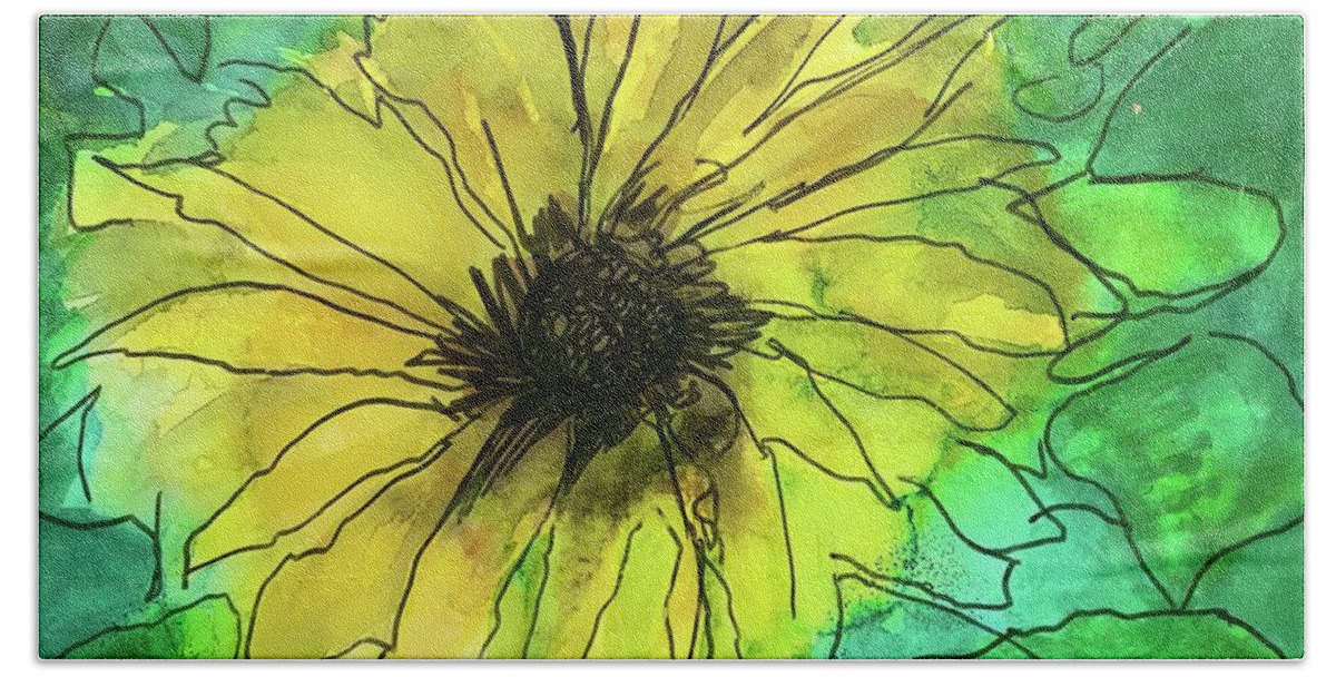 Sunflower Bath Towel featuring the painting Sunflower in Alcohol Ink by Eileen Backman