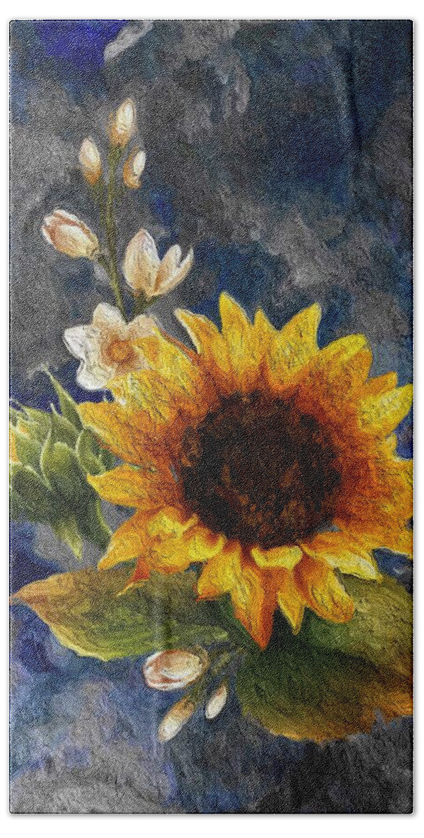 Portrait Bath Towel featuring the painting Sunflower in Cloudy Weather by Anas Afash