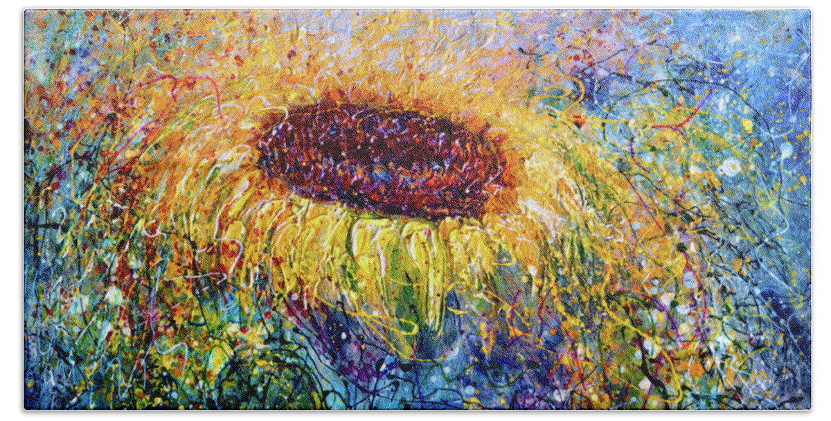 #olenaart Hand Towel featuring the photograph Sunflower In the Swirls of Sunshine by OLena Art