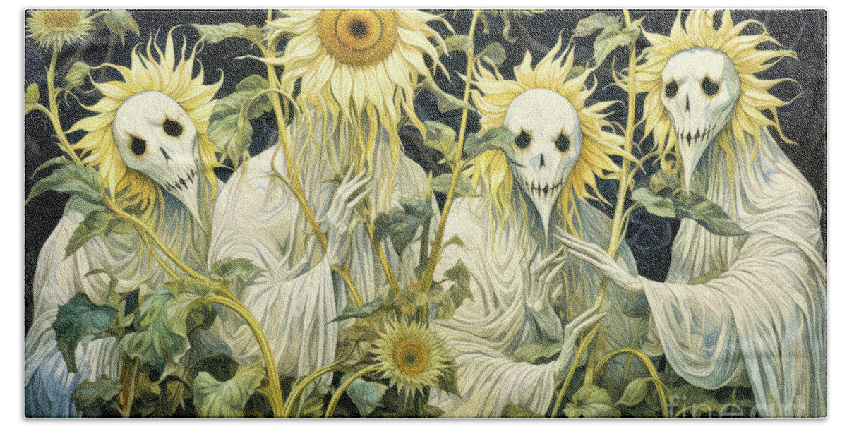 Halloween Bath Towel featuring the painting Sunflower Phantoms by Tina LeCour