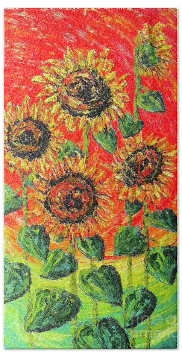 Sunflower Bath Towel featuring the painting Sunflower Satisfaction by Linda Donlin