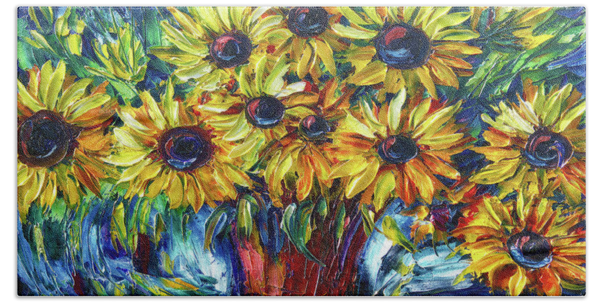 Olena Art Hand Towel featuring the painting Sunflowers In A Vase Palette Knife Painting by OLena Art