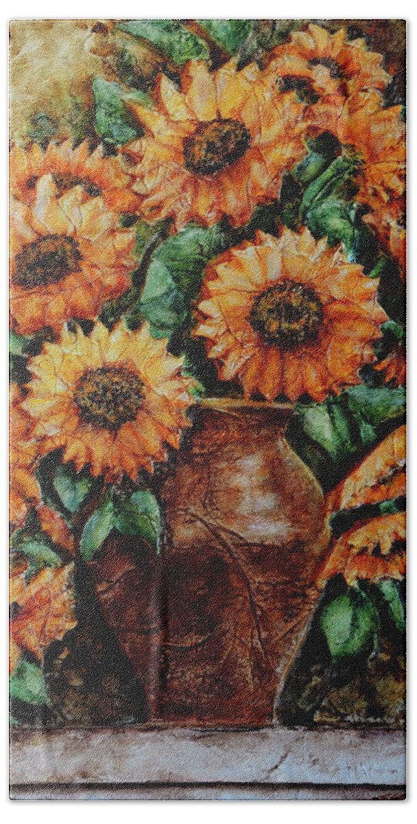 Sunflower Acrylic Painting Vase Flowers Floral Still Life Hand Towel featuring the painting Sunflowers by John Bohn