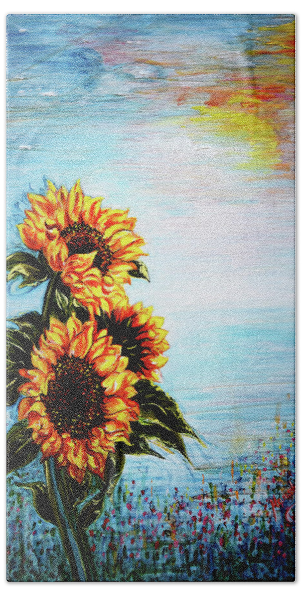Sunflowers Bath Towel featuring the painting Sunflowers - Where Ocean meets the Sky by Harsh Malik