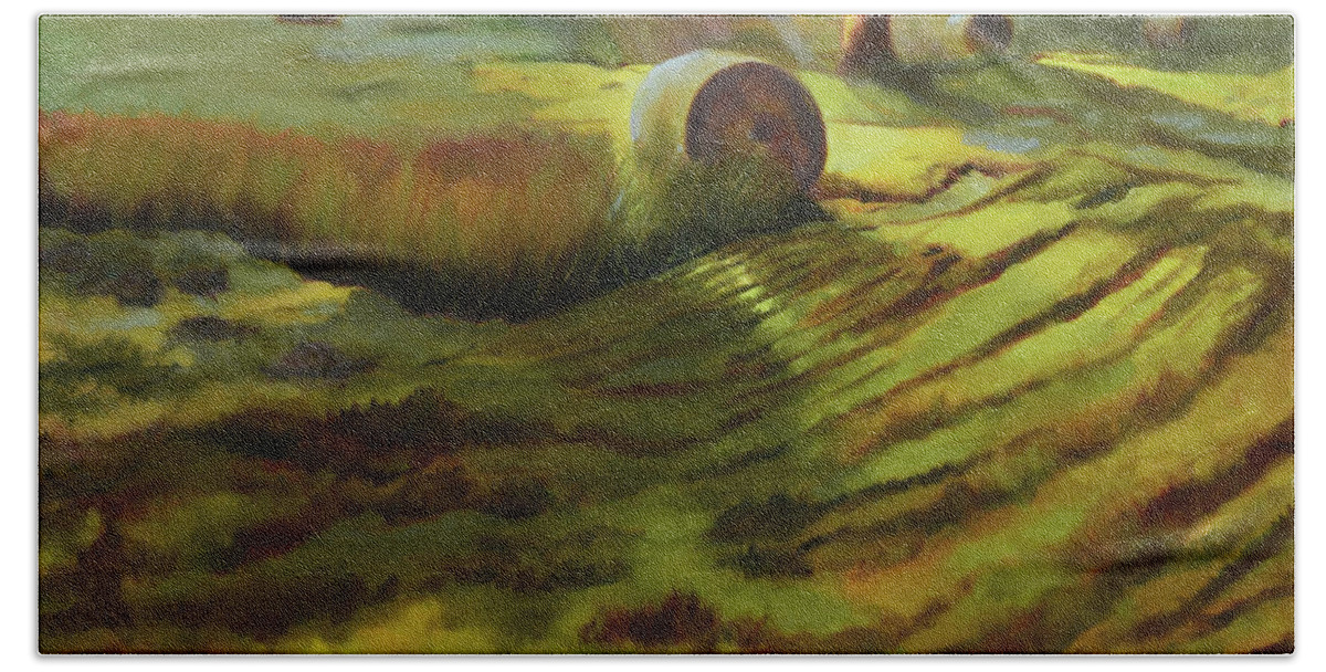 Hayfield Bath Towel featuring the painting Sunlight on the Hayfield by Jan Dappen