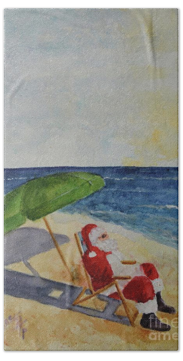 Christmas Painting Hand Towel featuring the painting Sunning Santa Claus by Caroline Harris