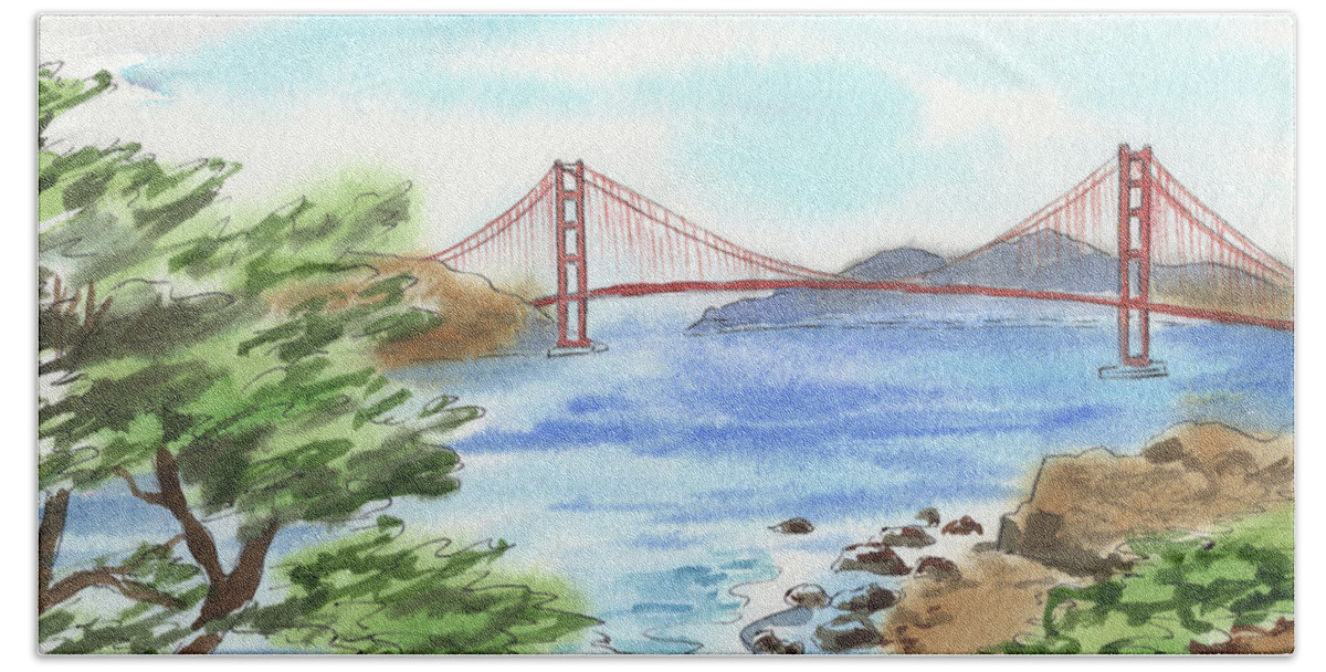 Golden Gate Bath Towel featuring the painting Sunny Day In San Francisco Bay Golden Gate Bridge Watercolor by Irina Sztukowski