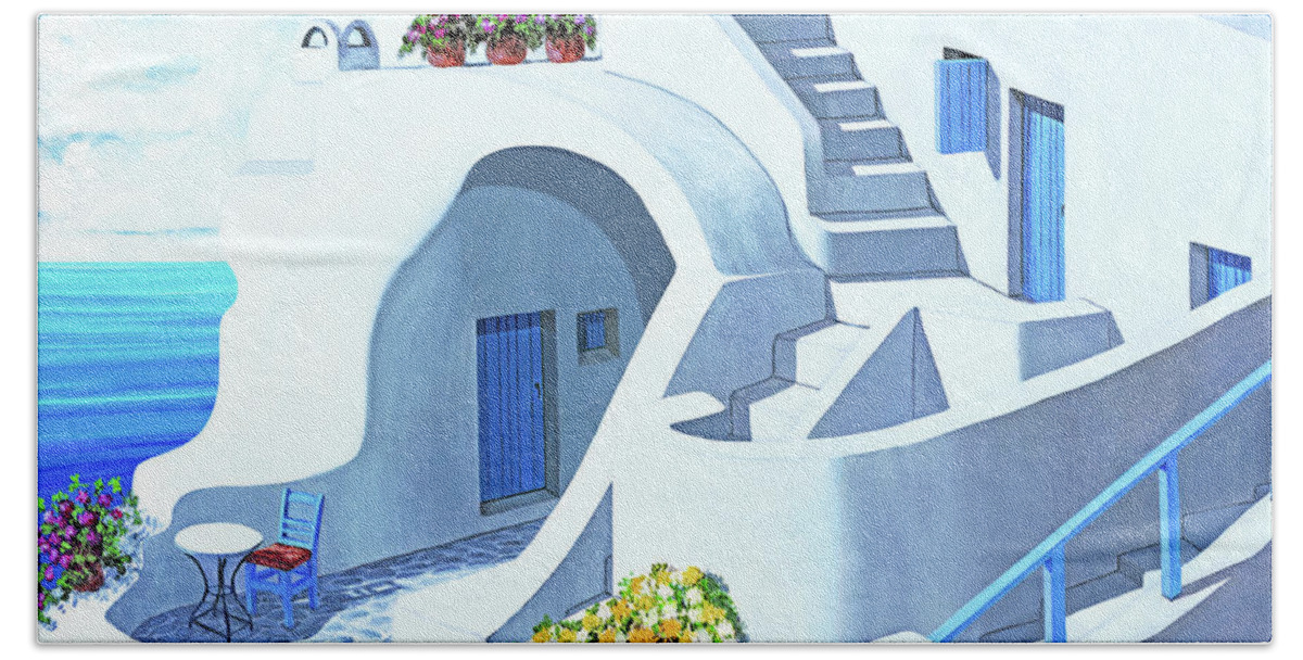 Santorini Bath Towel featuring the painting SUNNY SANTORINI, prints of oil painting by Mary Grden