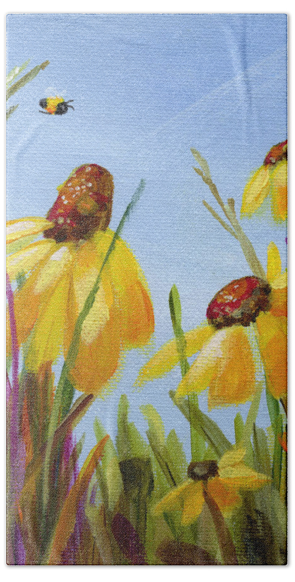 Black Eyed Susans Bath Towel featuring the painting Sunny Susans - flower painting by Annie Troe