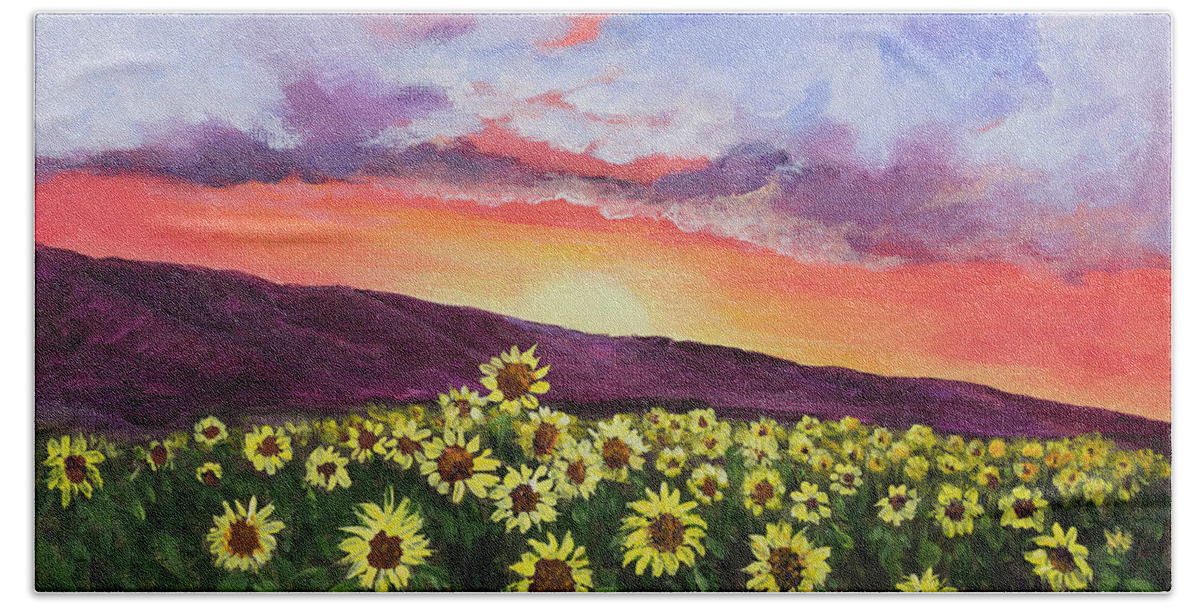 Yellow Bath Towel featuring the painting Sunrise and Sunflowers by Darice Machel McGuire