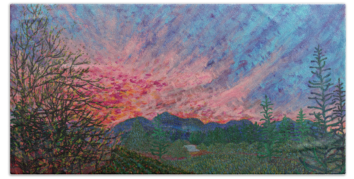 Sunrise Hand Towel featuring the painting Sunrise at Betsy's farm. Williams, Oregon. by ArtStudio Mateo