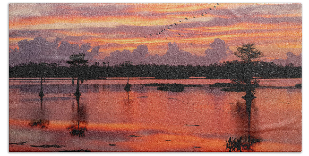Christmas Bath Towel featuring the digital art Sunrise at the Wetlands by Kevin McClish