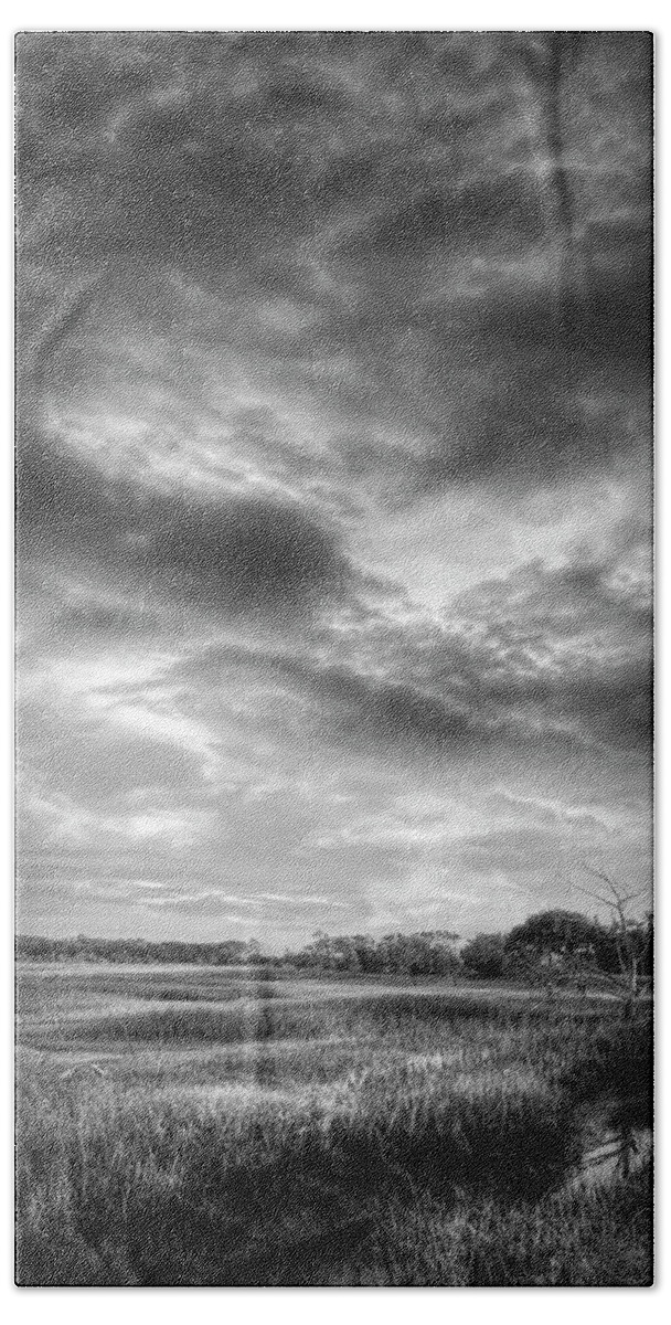 Clouds Bath Towel featuring the photograph Sunrise Clouds over the Marsh Black and White by Debra and Dave Vanderlaan