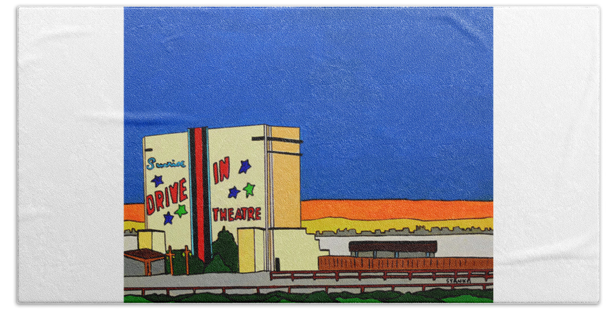 Sunrise Drive-in Valley Stream Movies Bath Towel featuring the painting Sunrise Drive In by Mike Stanko