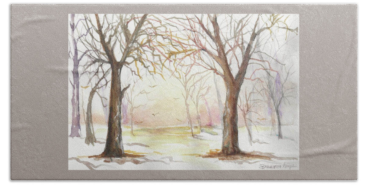 Sunrise Hand Towel featuring the painting Sunrise Fresh Snow by Bernadette Krupa