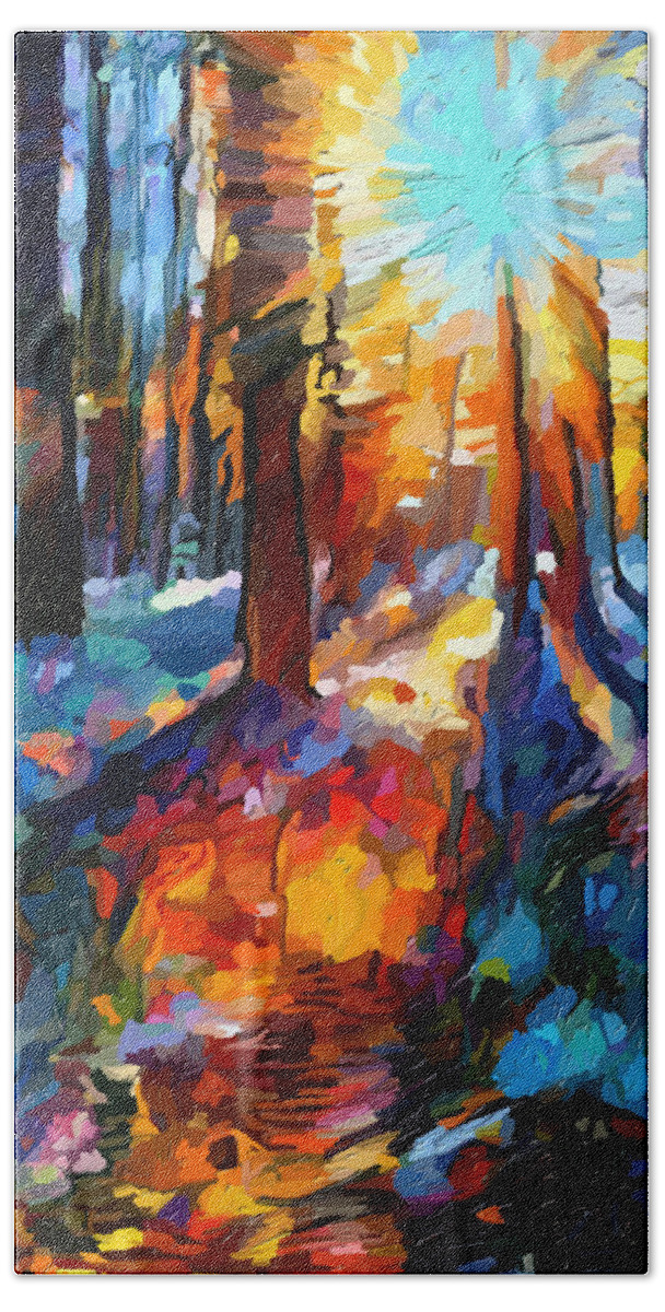 Sunrise Hand Towel featuring the mixed media Sunrise in Bluebell Woods by Ann Leech