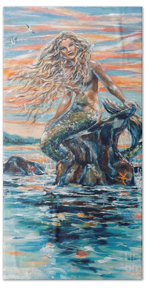 Mermaid Bath Towel featuring the painting Sunrise Mermaid by Linda Olsen
