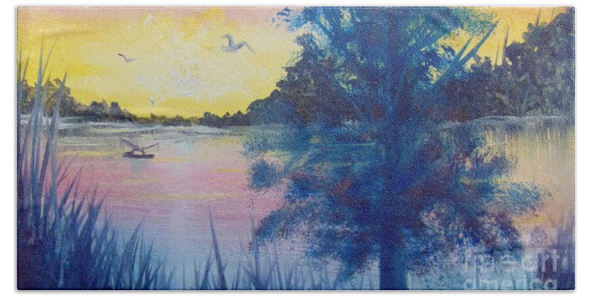 Fisherman Bath Towel featuring the painting Sunrise on the Lake by Saundra Johnson
