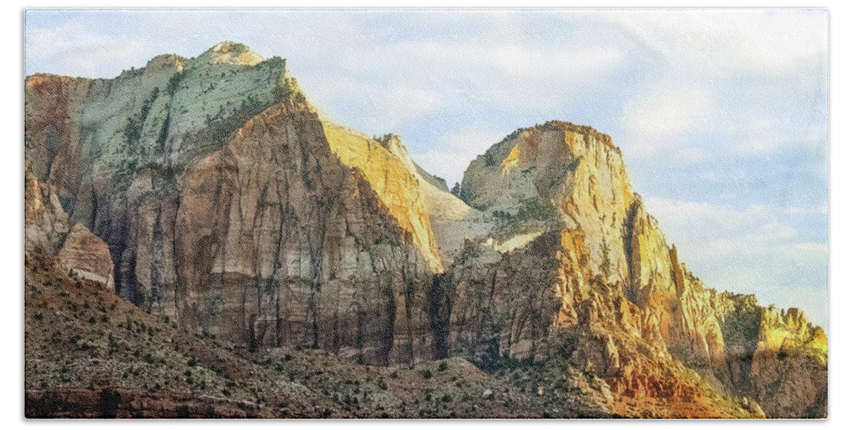 Sunrise Over Zion Hand Towel featuring the photograph Sunrise on Zion National Park by Rebecca Herranen