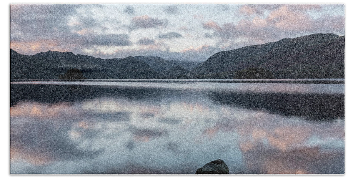 Cumbria Hand Towel featuring the photograph Sunrise reflections at Derwent Water, the Lake District, England by Sarah Howard
