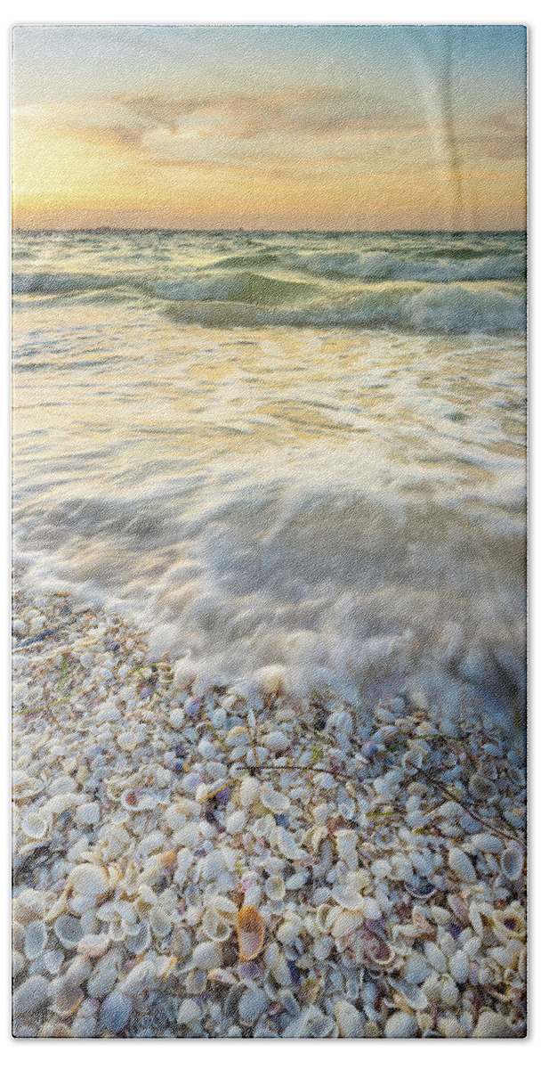 Seashells Hand Towel featuring the photograph Sunrise With Seashells by Jordan Hill