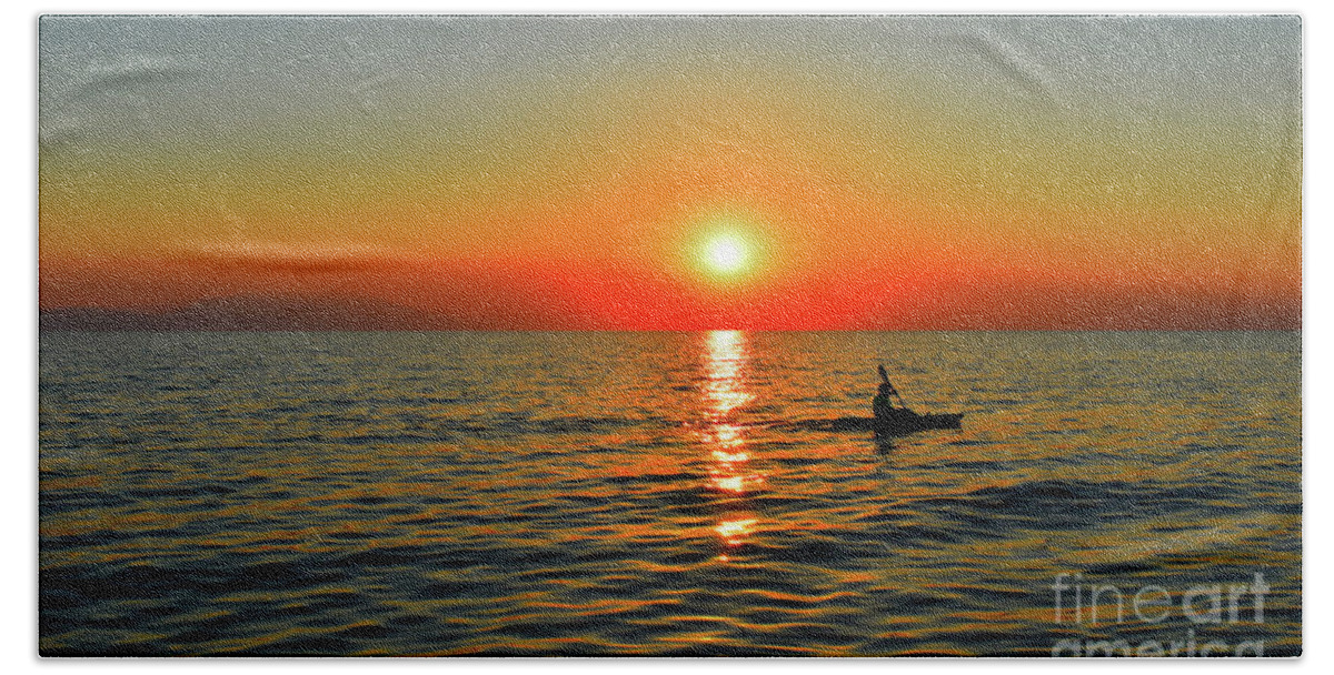 Sunset Bath Towel featuring the photograph Sunset Above Seascape With Kayaker  by Leonida Arte