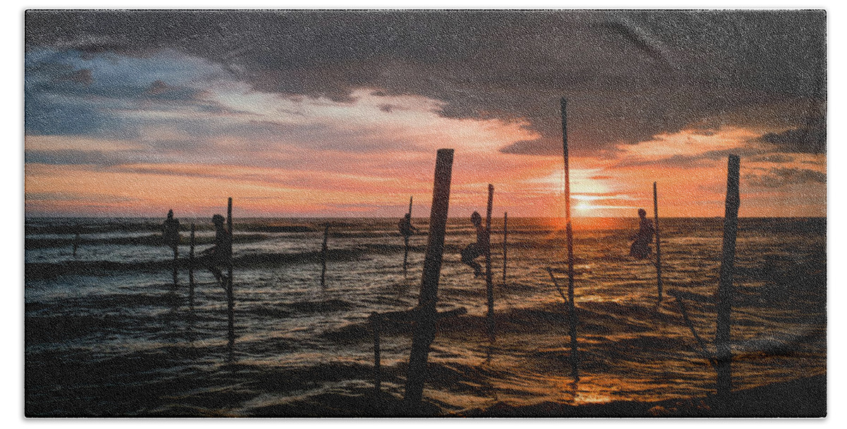 Fisherman Bath Towel featuring the photograph Sunset and Stilt Fishermen by Arj Munoz